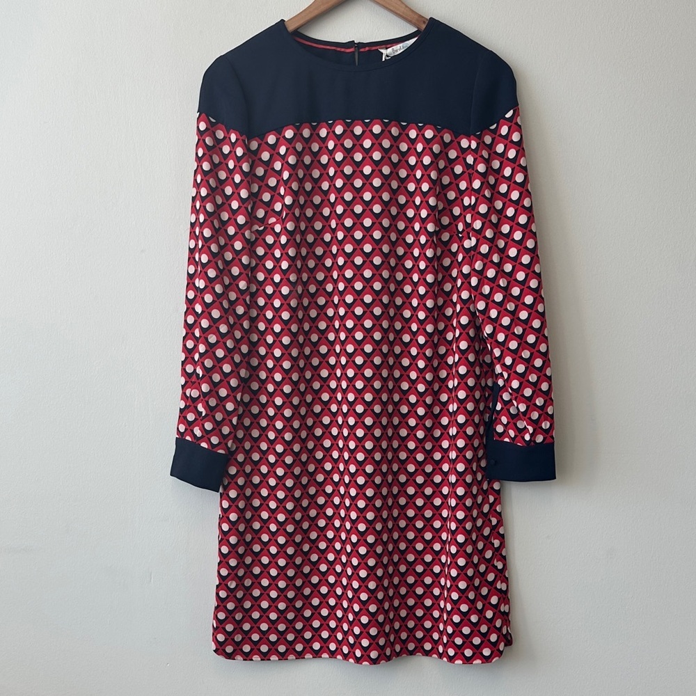 Boden Ursula Red and Navy Geometric Print Long Sleeve Sheath Dress